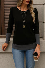 Kadın Uzun Kollu Açık Yuvarlak Yaka Blok Renkli Viskon Bluz