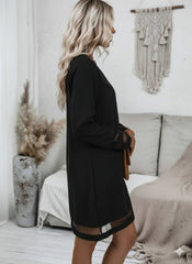 Kadın Uzun Kollu V Yakalı Tül şerit Detaylı Mini Krep Elbise