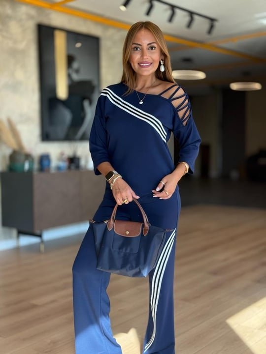 Kadın Fakir Kollu Omuz Dekolteli çapraz Ribana Detay Bluz Ve Pantolon Ikili Takım