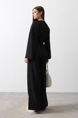 Beli Bağlamalı Tunik Ve Beli Bağlamalı Pantolon Takım - Siyah
