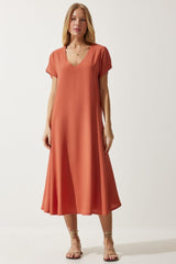 Kadın Kısa Kollu V Yaka Salaş Maxi Boy Elbise