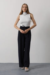 Pileli Bağcıklı Oversize Pantolon - Siyah