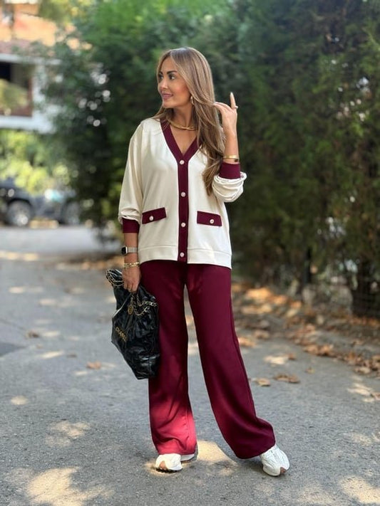 Kadın Uzun Kollu Ribanali Cep Detay Hırka Ve Bol Paça Pantolon Ikili Takım