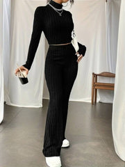 Kadın Uzun Kollu Balıkçı Yaka Krop Ve Pantolon şardonlu Kaşkorse Ikili Takım