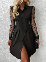 Kadın Uzun Kollu Yakalı Düğmeli Mini Ithal Krep Elbise