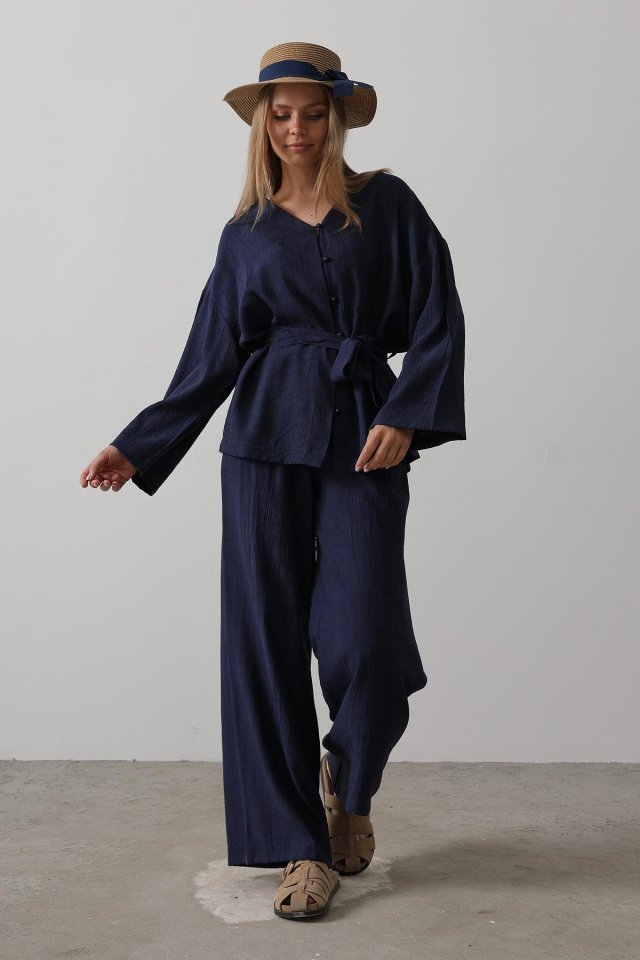 Beli Bağlamalı Tunik Ve Beli Bağlamalı Pantolon Takım - Siyah