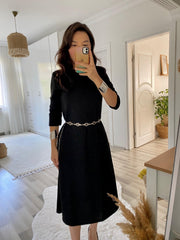 Kadın Uzun Truvakar Kol Bisiklet Yaka Midi Modal Elbise