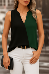 Kadın Kolsuz V Yakalı Blok Renkli Ithal Krep Bluz