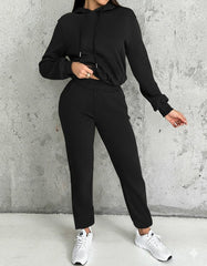 Kadın Uzun Kollu Kapşonlu Bağcıklı üç Iplik Bluz Ve Pantolon Ikili Takım