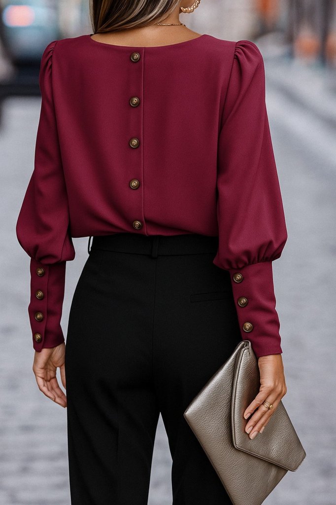 Kadın Uzun Kollu Yuvarlak Yakalı Düğmeli Ithal Krep Bluz