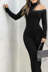 Kadın Tek Omuzdan Açık Balıkçı Yaka Taş Detaylı Uzun Ithal Krep Tulum