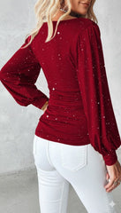Kadın Uzun Kollu Degaje Yaka Taşlı Sandy Bluz