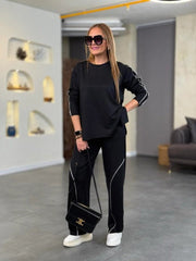 Kadın Uzun Kollu Biye Detay Modal Kumaş Salaş Ikili Takım