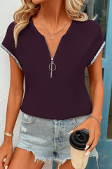 Kadın Kısa Kollu önden Fermuarlı Kol Ucu ışıltılı Viskon Bluz