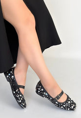 Zaty Siyah Süet Gümüş Pullu Babet Ayakkabı