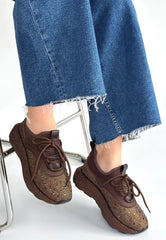 Rimay Kahverengi Cilt Boncuk İşlemeli Spor Ayakkabı