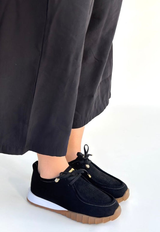Sier Siyah Süet Bağcıklı Spor Ayakkabı