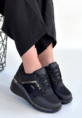 Geja Siyah Cilt Bağcıklı Spor Ayakkabı