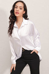 3985 Oversize Saten Gömlek - Bej