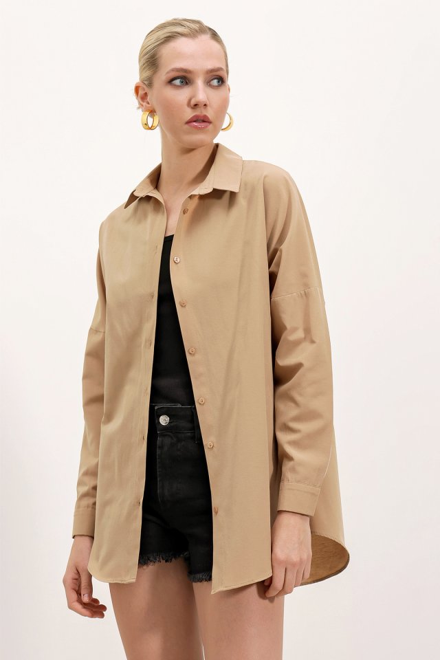 3900 Oversize Uzun Basic Gömlek - Pudra