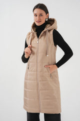 5140 Kapşonlu Uzun Şişme Yelek - Bisküvi