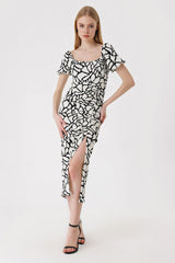 2396 Yırtmaçlı Yazlık Örme Elbise - Bisküvi