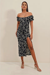 2396 Yırtmaçlı Yazlık Örme Elbise - Bisküvi