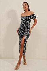 2396 Yırtmaçlı Yazlık Örme Elbise - Bisküvi