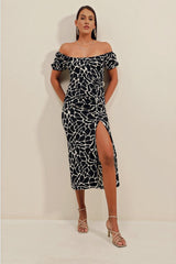 2396 Yırtmaçlı Yazlık Örme Elbise - Bisküvi