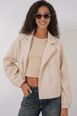 9117 Kruvaze Yaka Crop Ceket - Bej