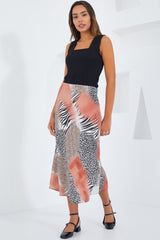 Kırmızı Siyah Desenli Saten Etek 15806