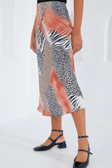 Kırmızı Siyah Desenli Saten Etek 15806