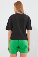 912 Baskılı Örme Basic Tişört - Siyah