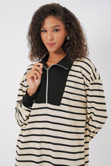 55453 Fermuar Detaylı Çizgili Uzun Elbise - Siyah