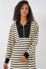 55453 Fermuar Detaylı Çizgili Uzun Elbise - Siyah