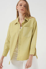 20205 Çizgili Oversize Gömlek - Yağ Yeşil