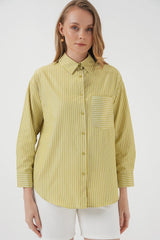 20205 Çizgili Oversize Gömlek - Yağ Yeşil