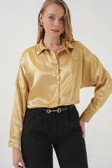 3985 Oversize Saten Gömlek - Saks