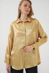 3985 Oversize Saten Gömlek - Saks