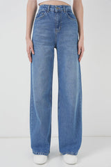 6702 Bol Paça Yüksek Bel Palazzo Kot Pantolon - Lacivert