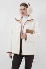 55446 Fermuarlı Oversize Peluş Ceket - Saks