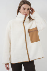 55446 Fermuarlı Oversize Peluş Ceket - Saks