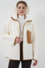 55446 Fermuarlı Oversize Peluş Ceket - Saks