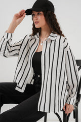 20254 Çizgili Oversize Basic Gömlek - Siyah - Beyaz