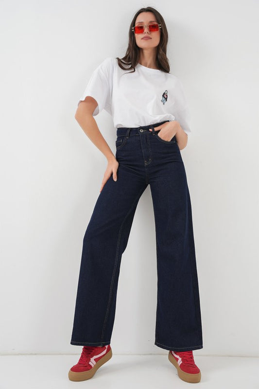 Bol Paça Yüksek Bel Palazzo Kot Pantolon 6656 - K. Lacivert