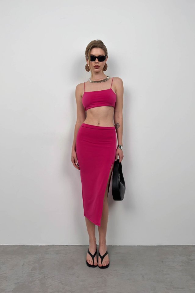 Askılı Crop Yırtmaçlı Etek Takım