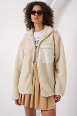 55446 Fermuarlı Oversize Peluş Ceket - Saks