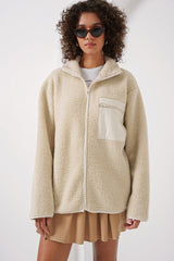 55446 Fermuarlı Oversize Peluş Ceket - Saks