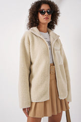 55446 Fermuarlı Oversize Peluş Ceket - Saks