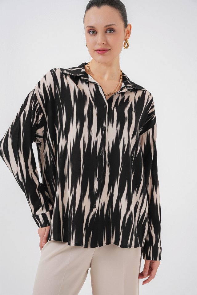 Desenli Oversize Gömlek 20301 - Siyah